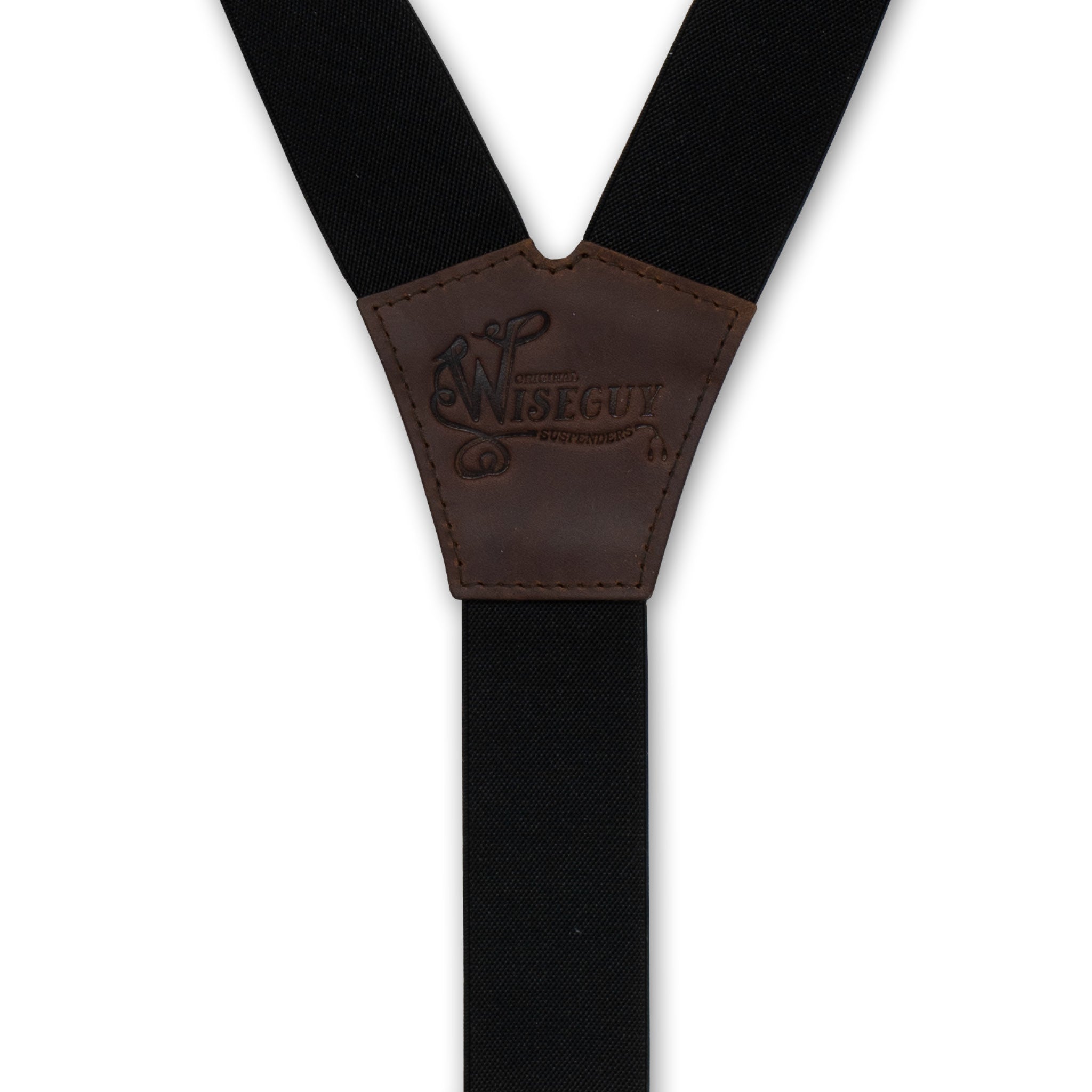 Back detail of Soul Black Wiseguy Essential Suspenders with embossed logo on Dark Brown Authentic Nubuck Leather Y-connector
