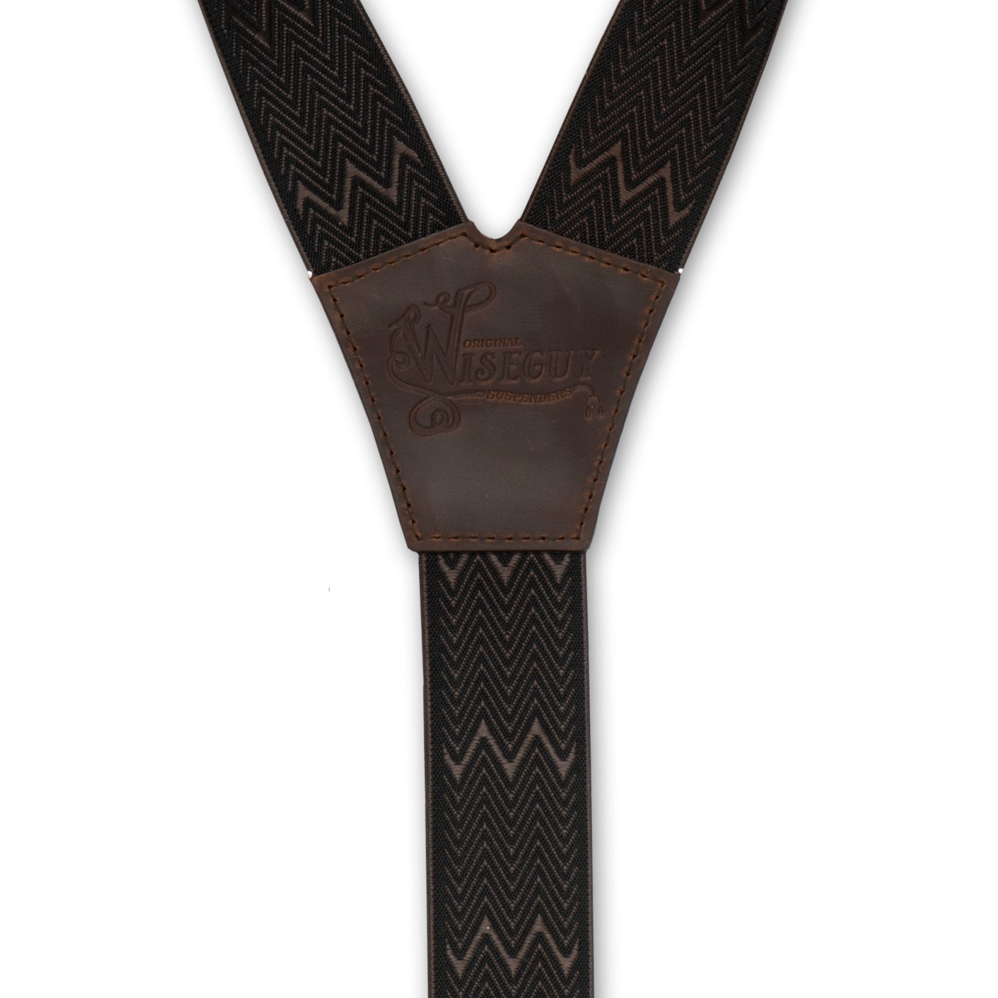 Back detail of Wiseguy Dapper suspenders with embossed logo on Dark Authentic Nubuck Leather Y-connector.
