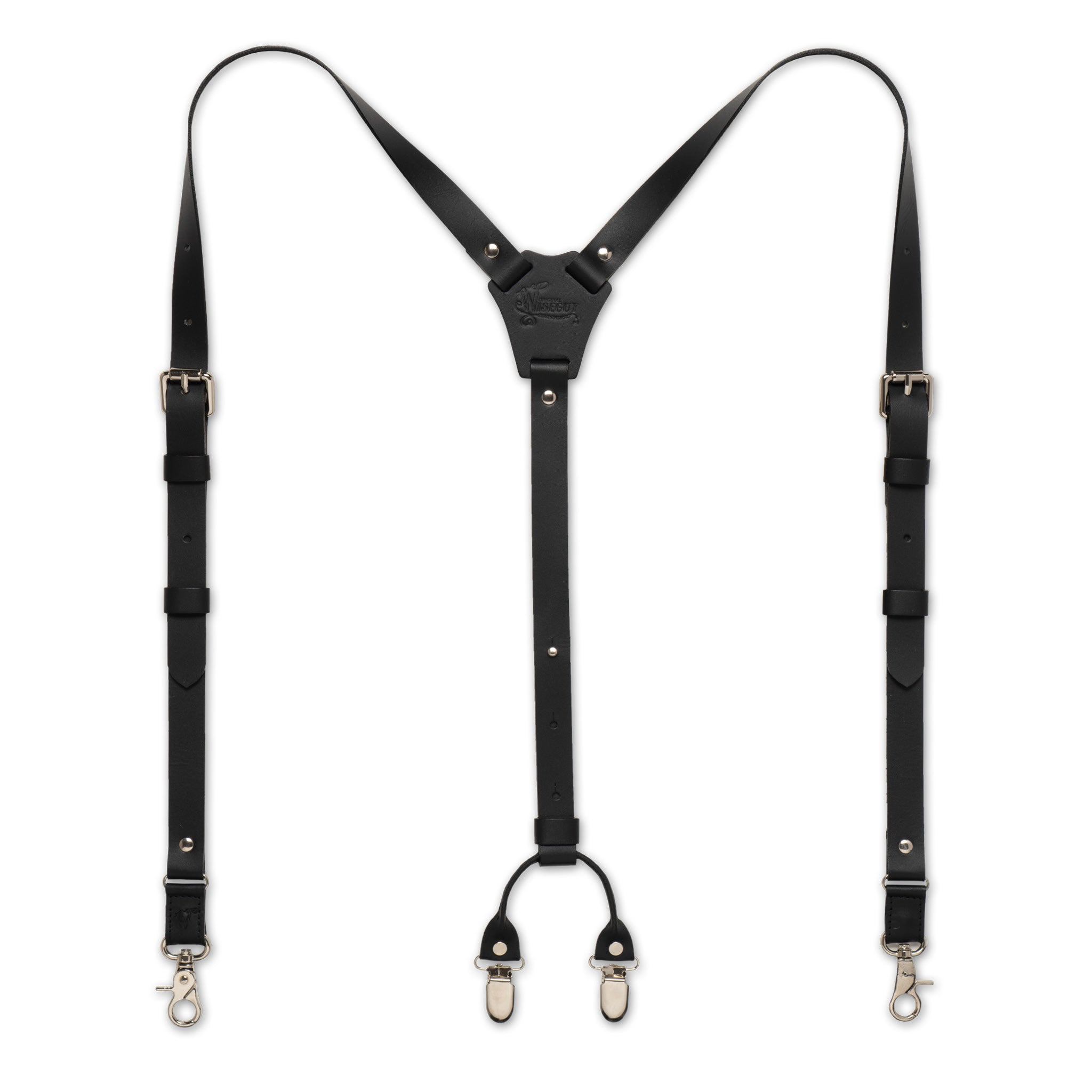 Flat lay of Black Wiseguy Italian Job suspenders with Soft Italian leather straps, Silver Hardware, and Y-back design