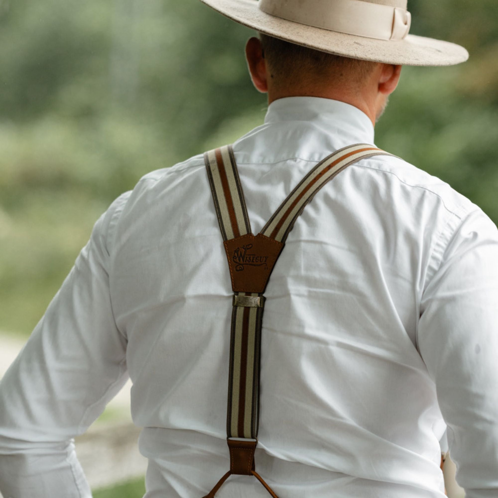 Man wearing Wiseguy Original Elastic Striped Suspenders