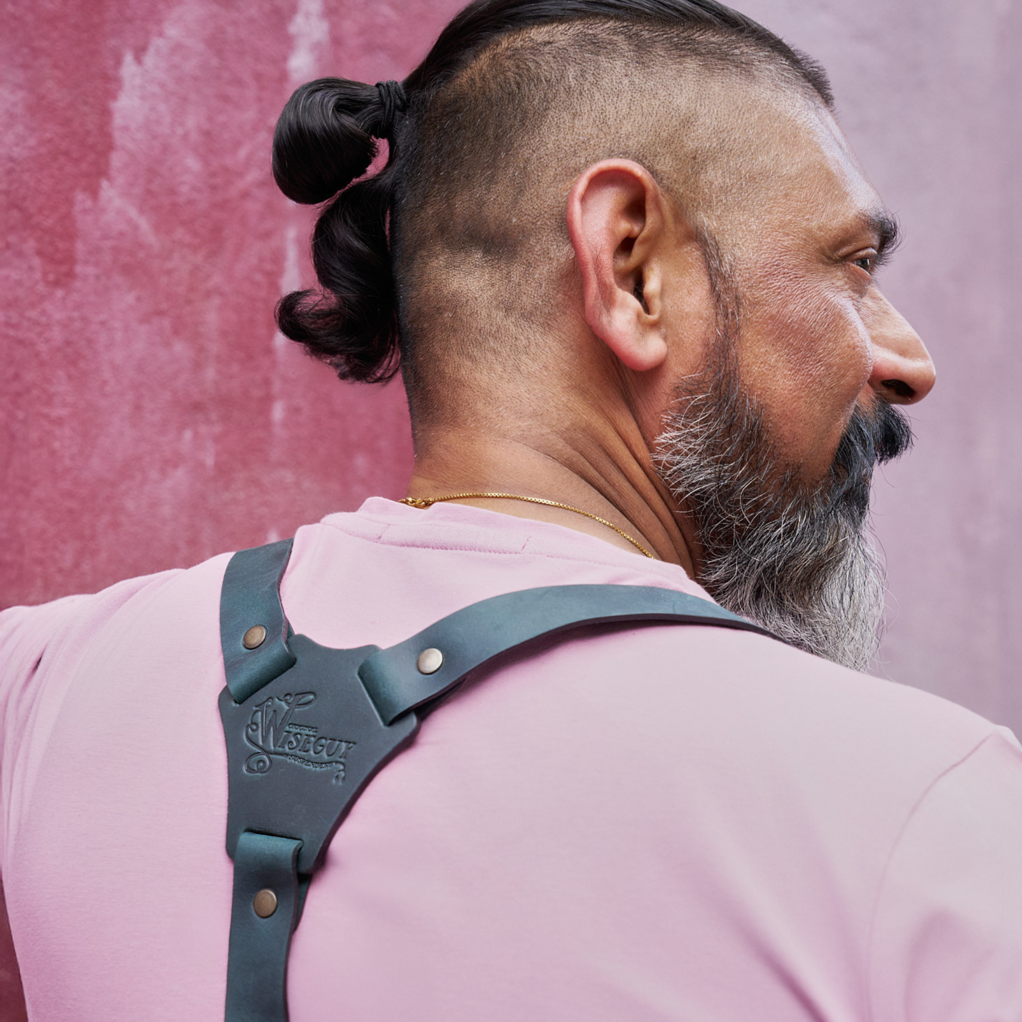 Close up back picture of man wearing Navy Blue Full Leather Suspenders 