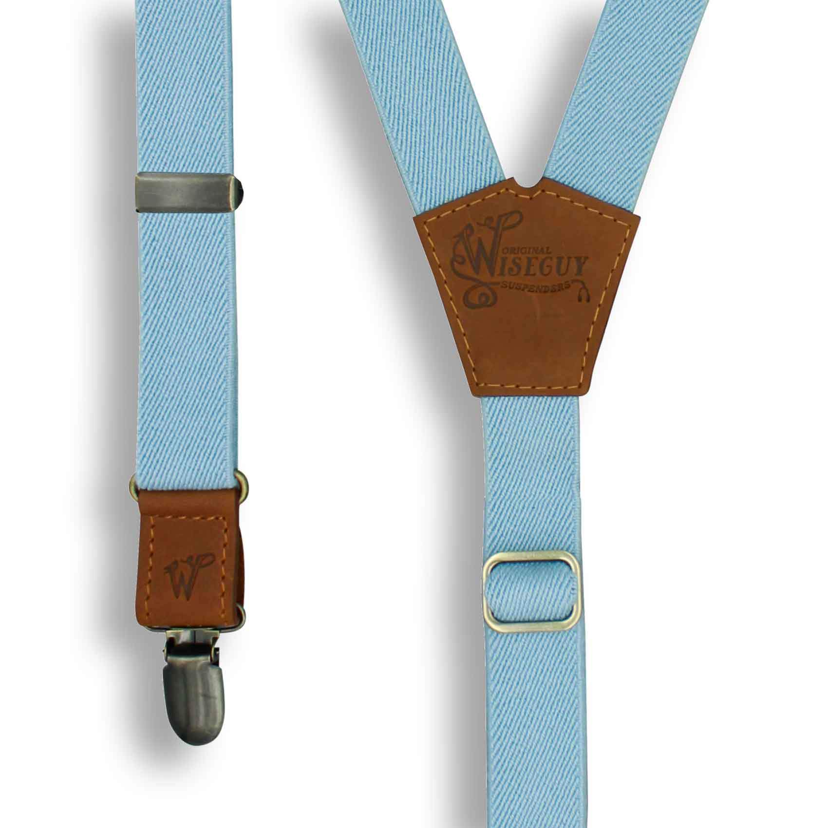 Cloud Blue Wedding Suspenders thin Y back on Camel Brown 1 inch wide - Wiseguy Suspenders