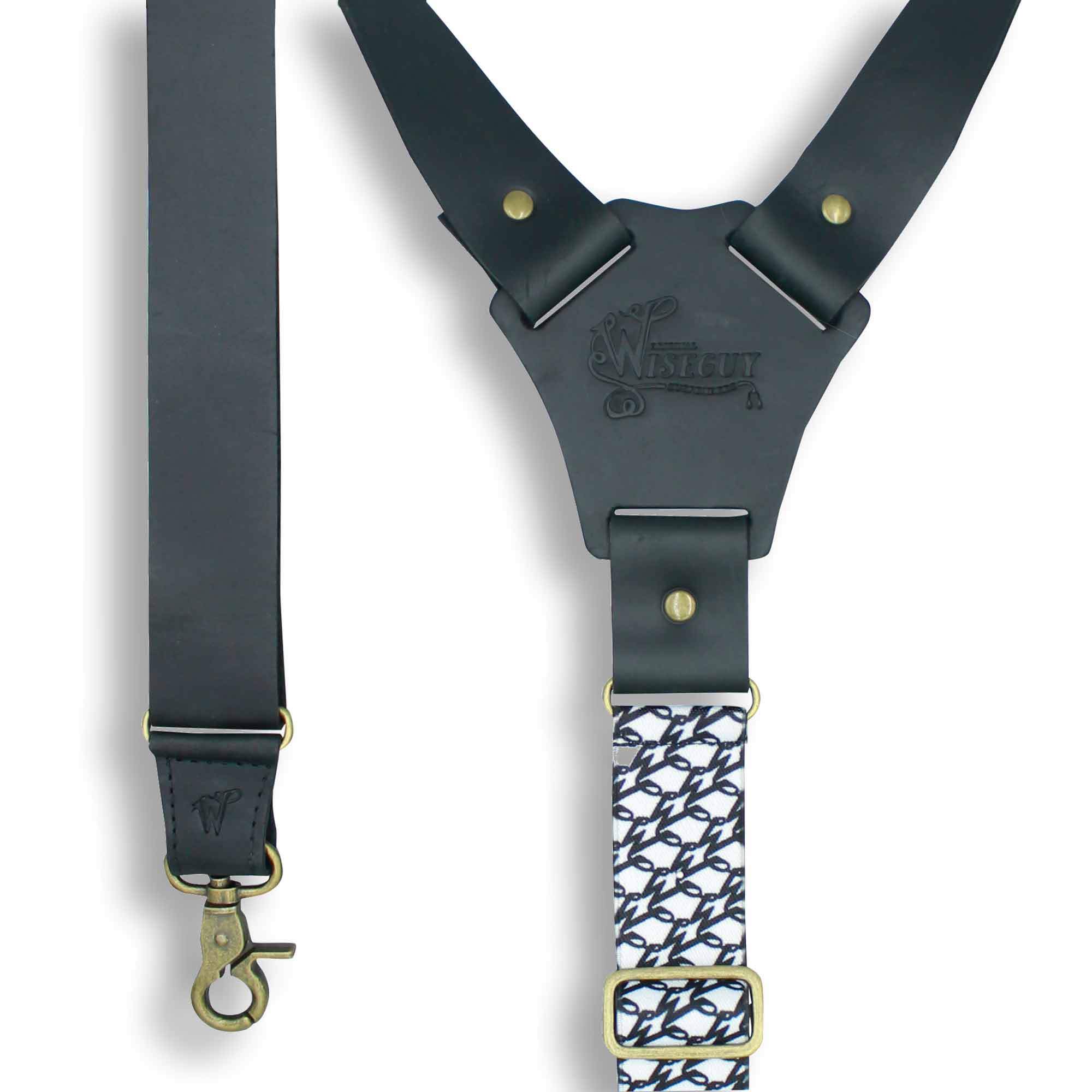 Billy the Kid Flex Black Leather Suspender with Elastic Monogram Back - Wiseguy Suspenders