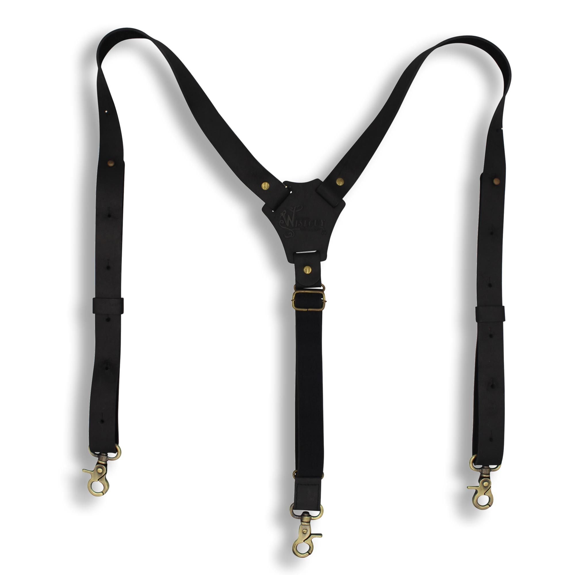 Flex Black Leather Suspenders with Elastic Black adjustable back Strap - Wiseguy Suspenders