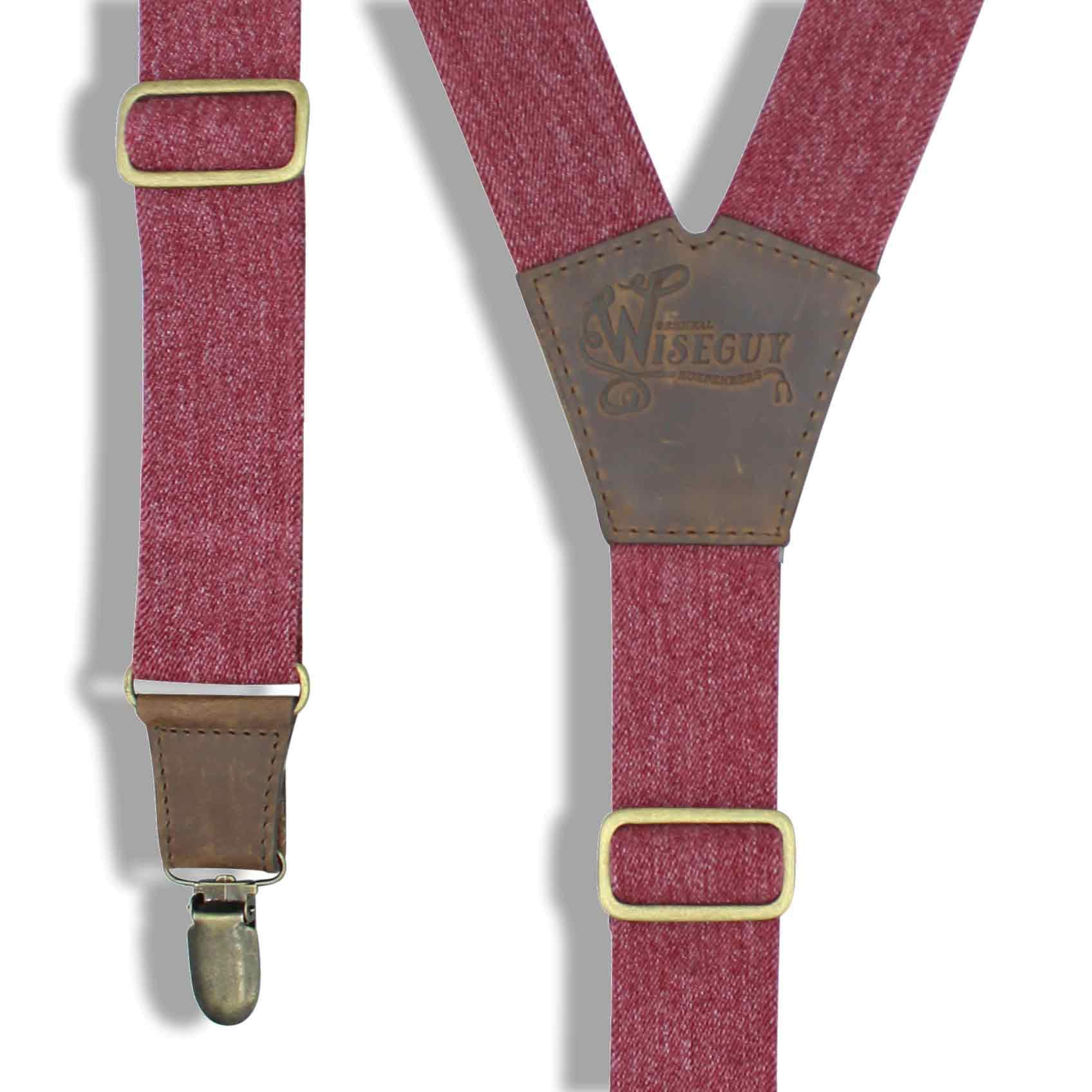Burgundy Elastic Jeans look Suspenders with dark brown leather parts - Wiseguy Suspenders