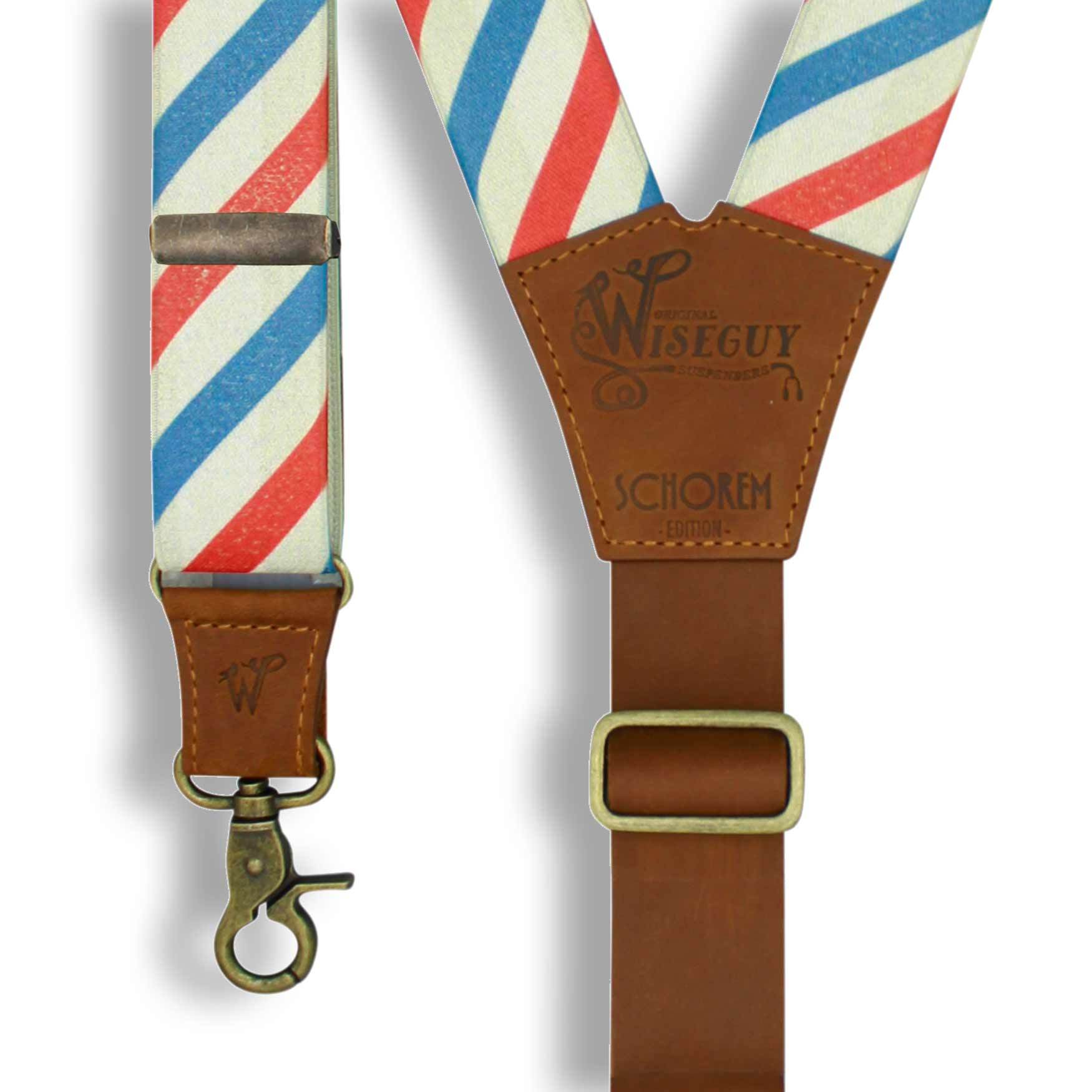 Charger Schorem Barber Striped with Camel Brown Leather Back Strap - Wiseguy Suspenders
