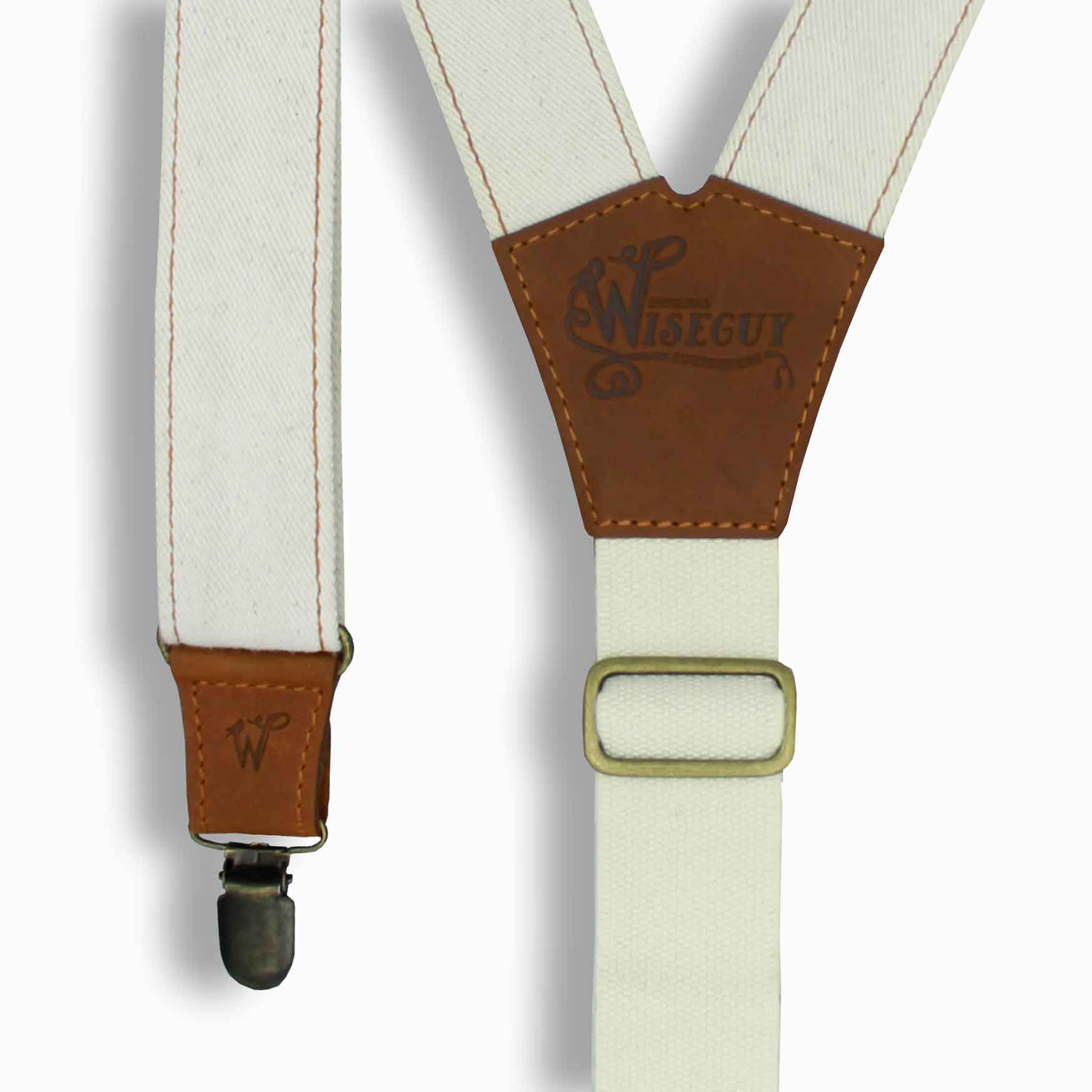 The Duck Ivory Denim Braces with Camel Brown Leather Parts 1.3 inch - Wiseguy Suspenders