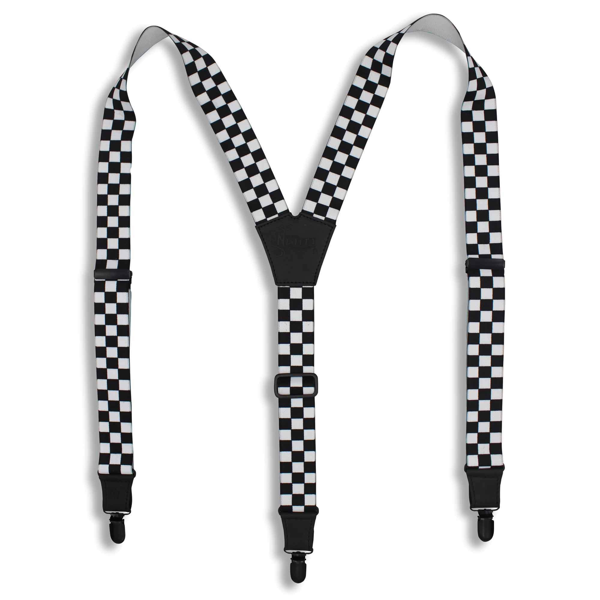 The Formula Black/White 1.3 inch men's Suspenders with black parts - Wiseguy Suspenders