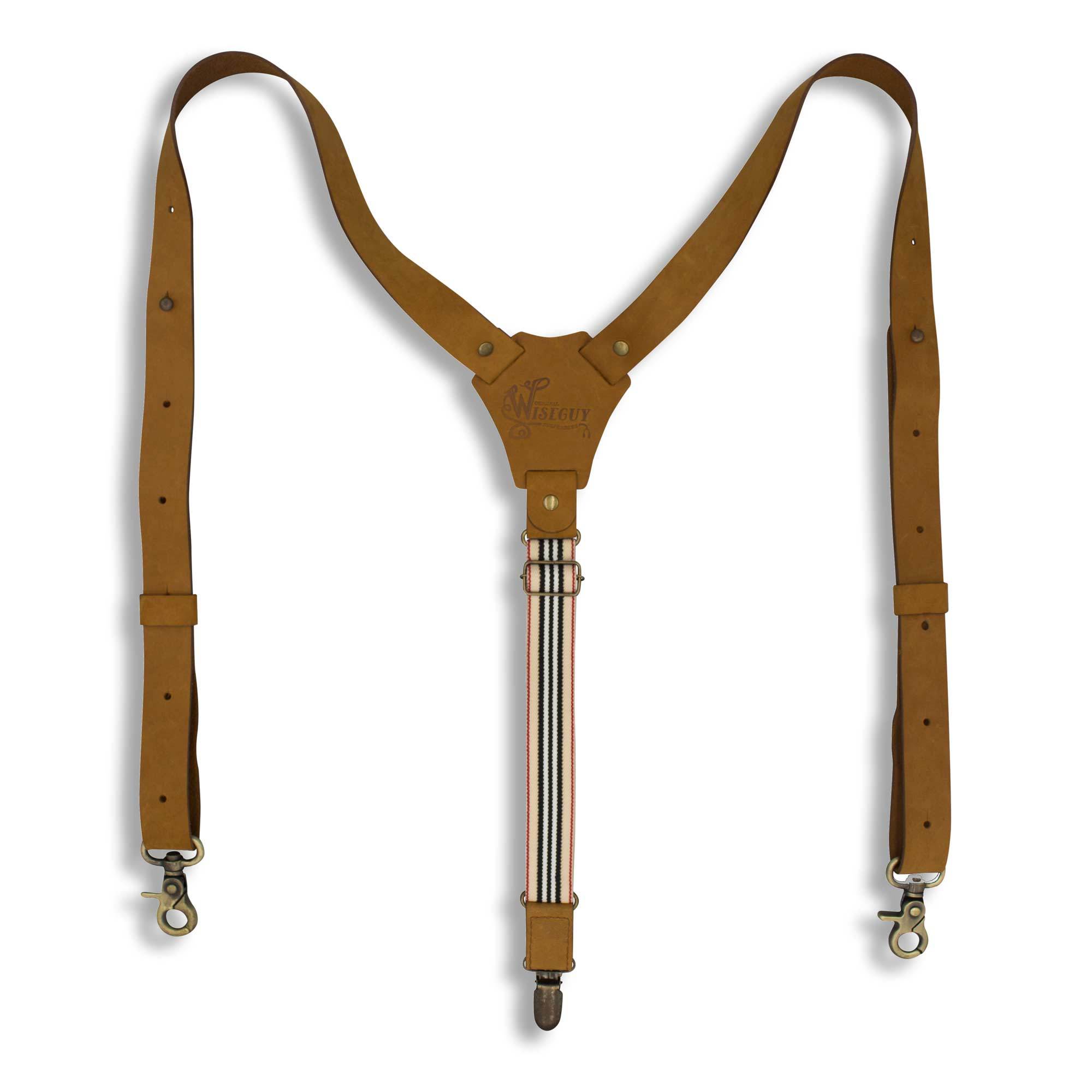 Flex Camel Brown Leather Suspenders with Road Rage Striped Elastic 1" - Wiseguy Suspenders