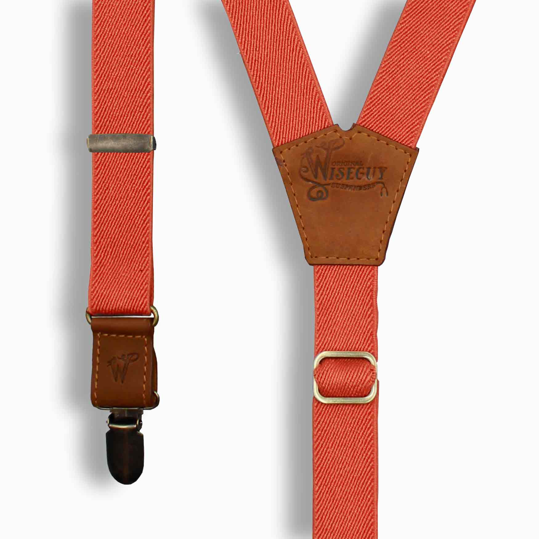 Orange 1 inch Elastic suspenders with Camel Brown Leather parts - Wiseguy Suspenders